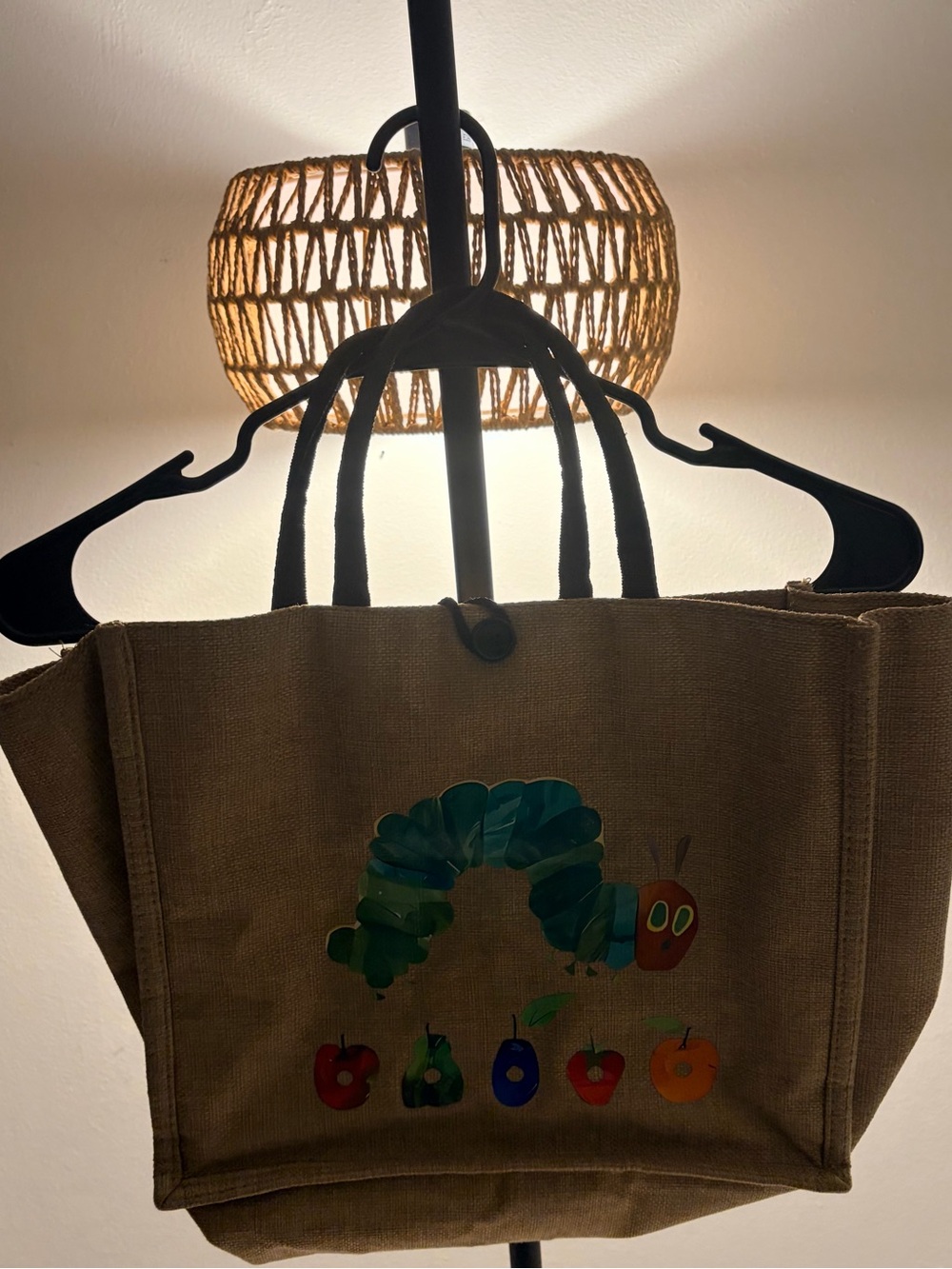 Playful Caterpillar Jute Tote with Colorful Fruit Motif